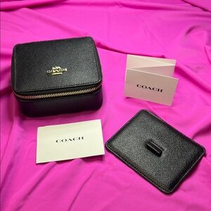 Coach Travel Jewelry Box—Black Leather Mini Accessory Zip Case NWOT